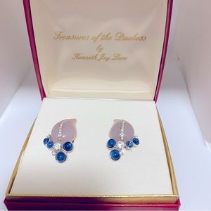 Vintage KJL New Faux Lavender Jade Sapphire and Crystal Leaf Shape Clip Earrings
